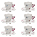 Jogo de 6 Xícaras de Café Porcelana com Pires Borboletas - 100ml